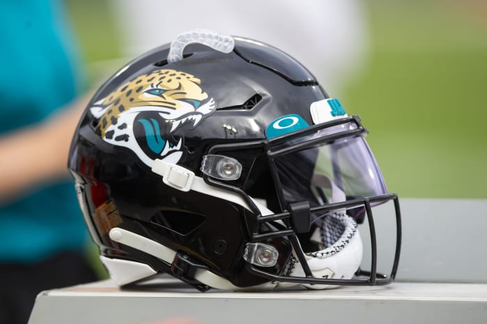Sep 19, 2021; Jacksonville, Florida, USA; Detailed view of a Jacksonville Jaguars football helmet against the Denver Broncos at TIAA Bank Field.